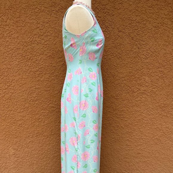 Classic Lilly Pulitzer Silk Maxi Dress Blue with Pink Morning Glories Size 6 - Picture 7 of 16
